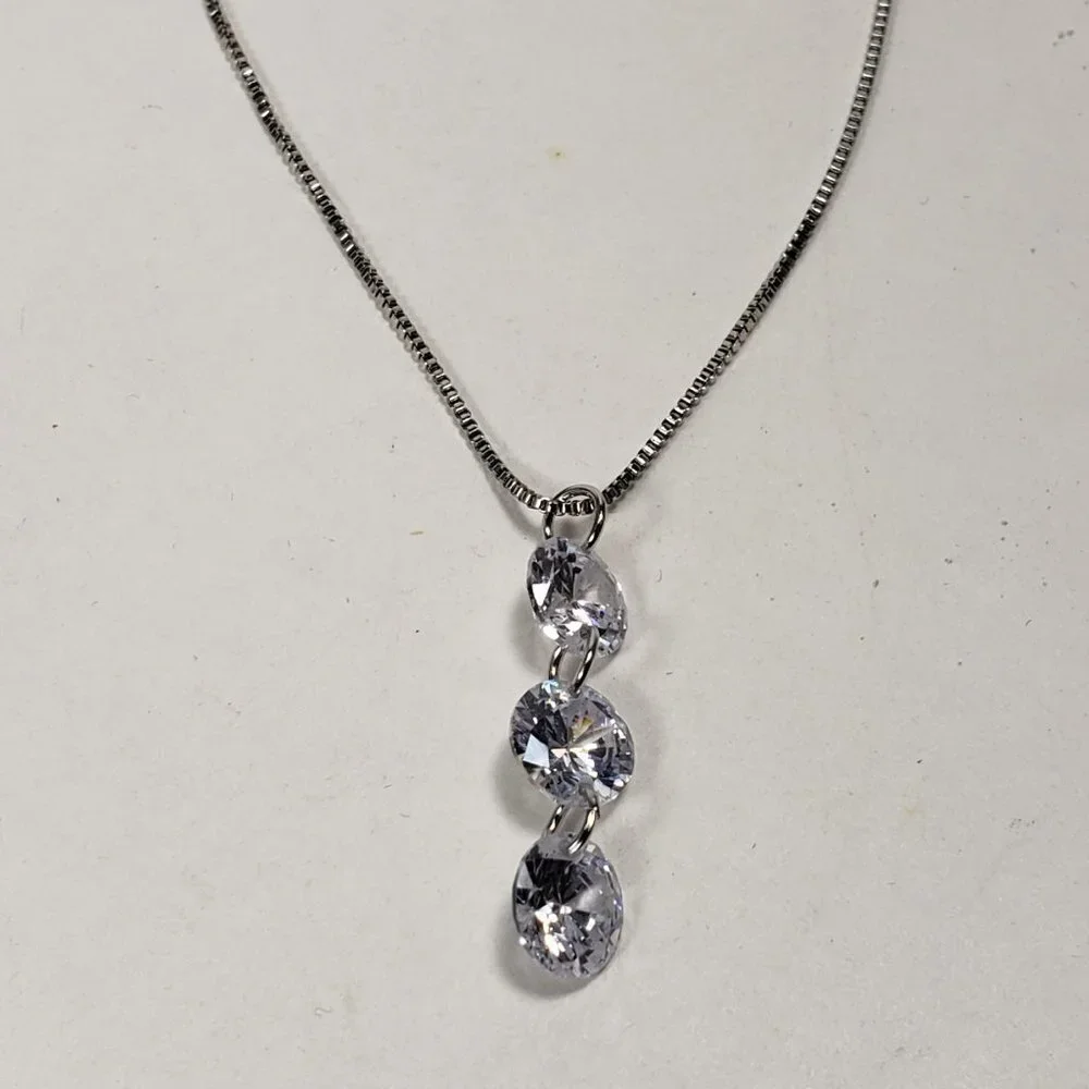 Necklace - Swarovski Crystal  - Triple Stones Drop Pendant, Rhodium Overlay, 18" - Picture 10 of 13